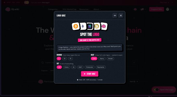 A screenshot of a 'LOGO QUIZ' interface on IQ.wiki titled 'SPOT THE LOGO', showing options for rounds, difficulty, and theme categories before starting the game.