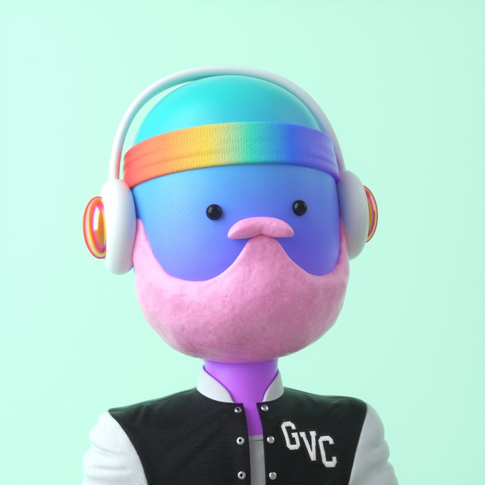 A 3D-rendered cartoon character with a pink mustache, blue mask, rainbow headband, and white headphones wears a black varsity jacket reading "GVC," representing the "Citizen of Vibetown #3306" NFT that sold for 1.10 Ξ ($2.04K) on OpenSea.