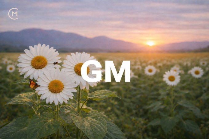White daisy flowers bloom in a field at sunset with mountains in the background, overlaid with the text 'GM'.