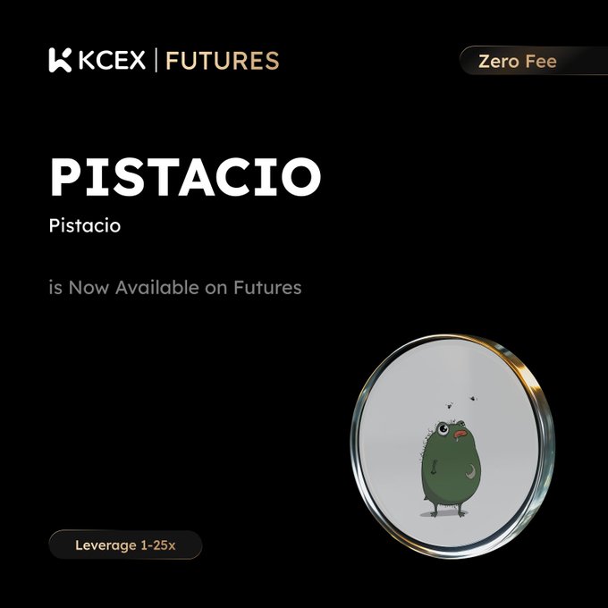 A promotional graphic for KCEX Futures announcing that 'PISTACIO is Now Available on Futures' with a zero-fee offer and 1-25x leverage, featuring a 3D green pistachio character mascot.