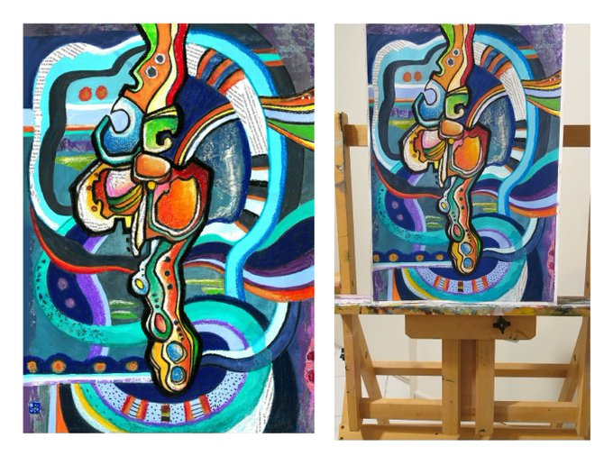 Two side-by-side views of a vibrant, abstract painting featuring swirling patterns and shapes in bold colors like teal, orange, and blue, displayed both flat and on an easel.