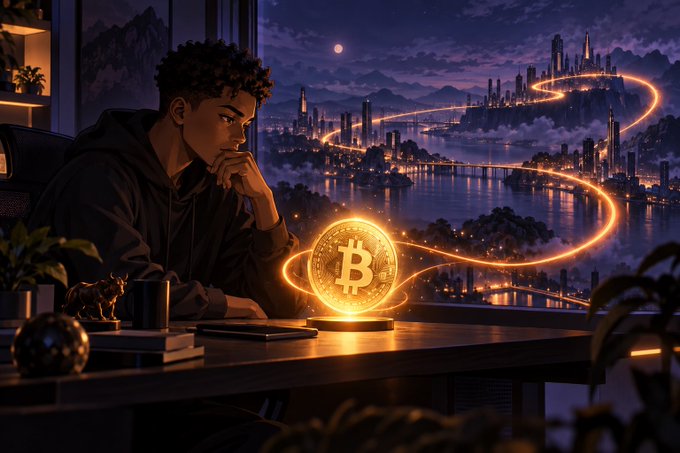 A digital illustration depicting a young man in a dark hoodie sitting at a desk, contemplating a glowing golden Bitcoin coin, with a futuristic cityscape and winding light trails visible through a large window behind him.