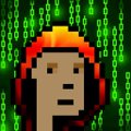 A pixel art style image shows a stylized portrait of a figure wearing a red hood, set against a green background filled with falling matrix-style digital characters.