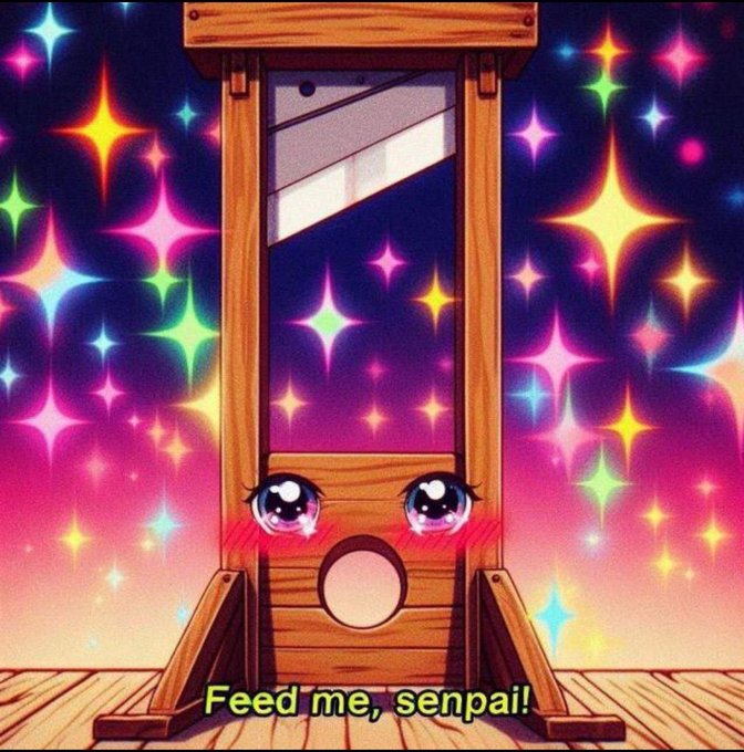 An anime-style illustration of a wooden guillotine with cute blushing anime eyes, set against a sparkly rainbow background, captioned "Feed me, senpai!"