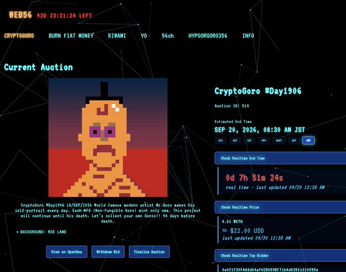 A webpage for 'WEB56' displays an ongoing auction for 'CryptoGoro #Day1906', featuring a pixelated orange gorilla against a red background with a current bid of 0.41 METH ($22.00 USD).