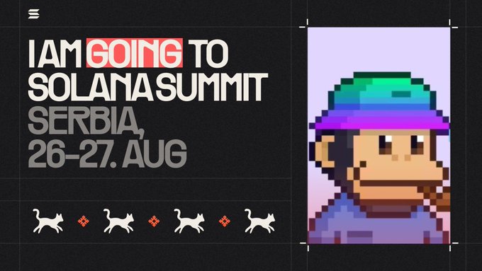 A graphic announcement reads 'I AM GOING TO SOLANA SUMMIT SERBIA, 26-27. AUG' alongside a pixel-art monkey character wearing a colorful cap, with small walking cat icons along the bottom.