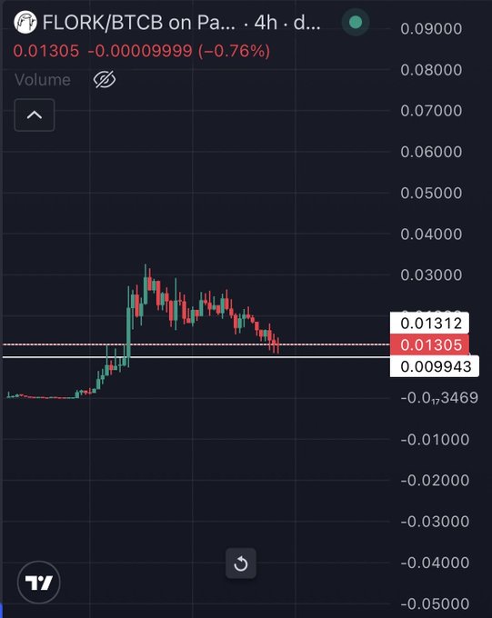 A 4-hour candlestick chart of FLORK/BTCB on a trading platform shows the pair currently trading at 0.01305 BTC, down 0.76%, after a sharp rally to ~0.03 followed by a pullback to consolidate around the 0.013 level — supporting the post's claim that the token is in an accumulation phase before a potential rotation back upward.