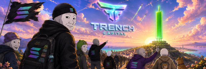 A community banner for the Solana token "$PROPS" on Moby features stylized figures in hoodies gazing toward a glowing green tower and the "TRENCH CAPITAL" logo against a sunset sky, with one character waving a flag and another pointing skyward, evoking a sense of journey toward new horizons that aligns with the promotional "banner image" context of the post.