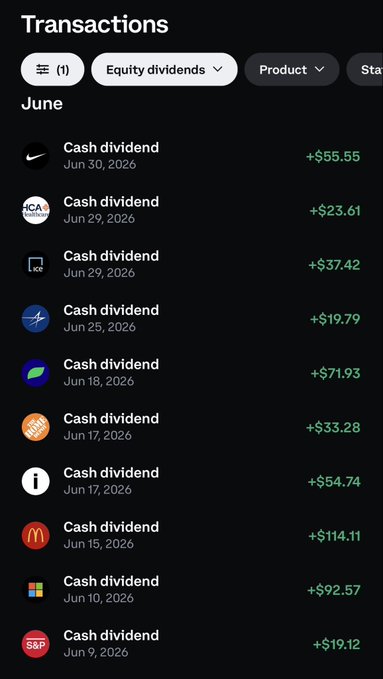 The image shows a "Transactions" screen, filtering for "Equity dividends" in June, listing various cash dividends from companies like Nike and McDonald's. This illustrates the type of financial activity users can track and manage within the platform being promoted in the accompanying post.