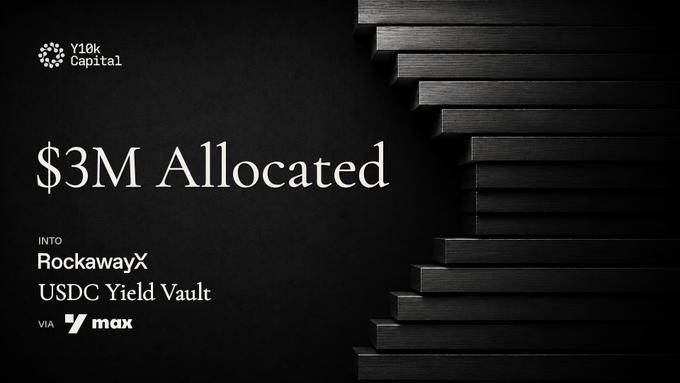 A minimalist black graphic with stacked black bars on the right, displaying 'Y10k Capital' logo, '$3M Allocated', 'INTO RockawayX USDC Yield Vault', and 'via max' with a logo.