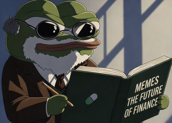 An illustrated meme featuring a green frog dressed in a suit with sunglasses, holding a pencil and reading a book titled 'MEMES THE FUTURE OF FINANCE,' with a pill icon on the cover.