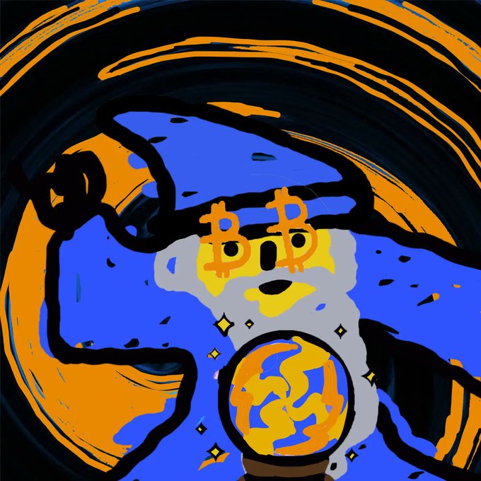 A stylized cartoon illustration of a figure with orange hair whose eyes are replaced by glowing Bitcoin symbols, holding a globe against a blue and black background.