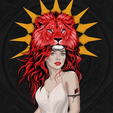 A stylized digital illustration of a woman with red hair, wearing a large red lion headdress and a white dress, with a sunburst design behind her.