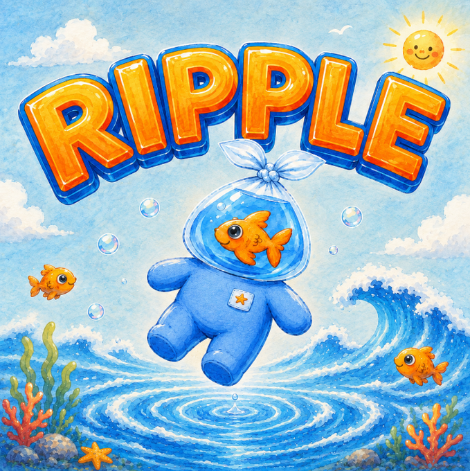 A playful illustration with the word 'RIPPLE' in large bubble letters at the top, featuring a blue character with a fish in a water helmet floating above ocean waves, surrounded by fish, bubbles, and a smiling sun.