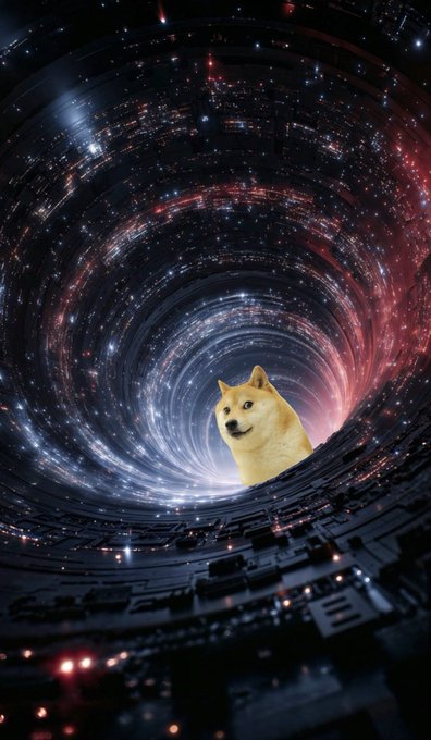 The image features a yellow dog with a red nose, standing inside a black tunnel filled with stars. The background of the photo shows a city skyline at night, which adds an interesting contrast between the natural world represented by the dog and the man-made environment depicted in the cityscape. The caption "Be prepared $DOGE" suggests that viewers should be ready for unexpected encounters or situations involving dogs, possibly due to their unique ability to blend into various environments like tunnels filled with stars.