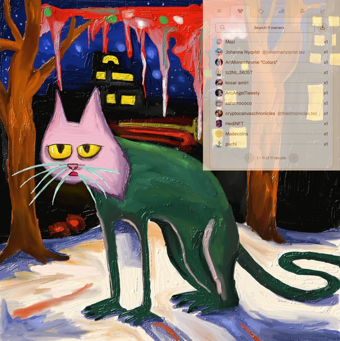 A digital painting of a stylized cat with a pink face and green body in a snowy scene, with an overlaid screenshot of an NFT owner list showing 11 results including usernames like Mazi, Johanna Nyqvist, and ArcAngelTweety.