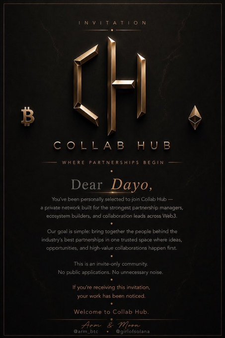 A stylized 'INVITATION' to a 'CH COLLAB HUB' addressed to 'Dayo', featuring Bitcoin and Ethereum logos, stating it is a private, invite-only community for partnership managers.