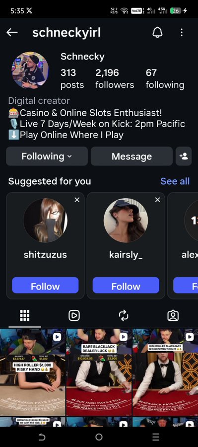 An Instagram profile page for 'schneckyirl' (@Schnecky), a digital creator and casino/slots enthusiast with 2,196 followers.