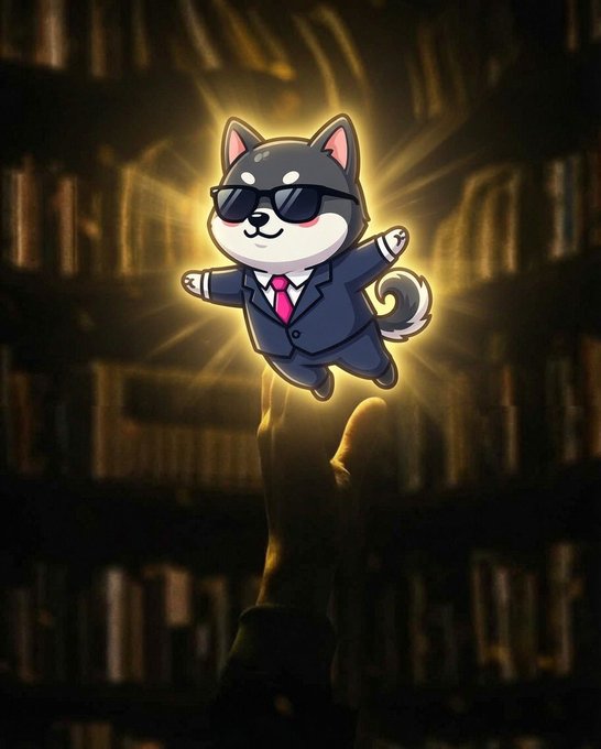 The image features a small cartoon dog wearing sunglasses and a suit, with its arms outstretched as if flying through the air. The background of the image shows a bookshelf filled with numerous books, suggesting that this scene takes place in a library or a room dedicated to reading and learning. The caption for the image reads: "In the search for knowledge... I found $MANYU A sassy, main-character-energy pup turned memecoin on ETH Unapologetic confidence, viral vibes, and a roadmap that's building the next Shiba-level ecosystem."