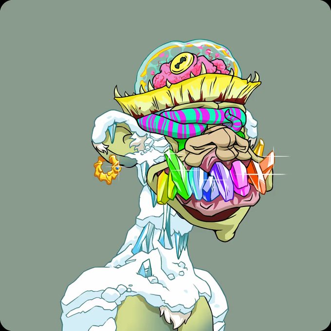 The image features a cartoon character with an unusual appearance, wearing a hat that resembles a donut or cupcake. The character has a face painted on its head, giving it a unique and whimsical look. The background of the image is a light green color, which contrasts nicely with the colorful and vibrant elements of the character's attire and facial features. The caption to the image reads: "HMM @BoredApeYC #m figge".