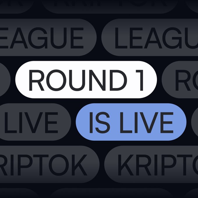 A graphic announcement displays "ROUND 1" in a white pill shape and "IS LIVE" in a blue pill, set against a dark background patterned with faded "KRIPTO LEAGUE" text.