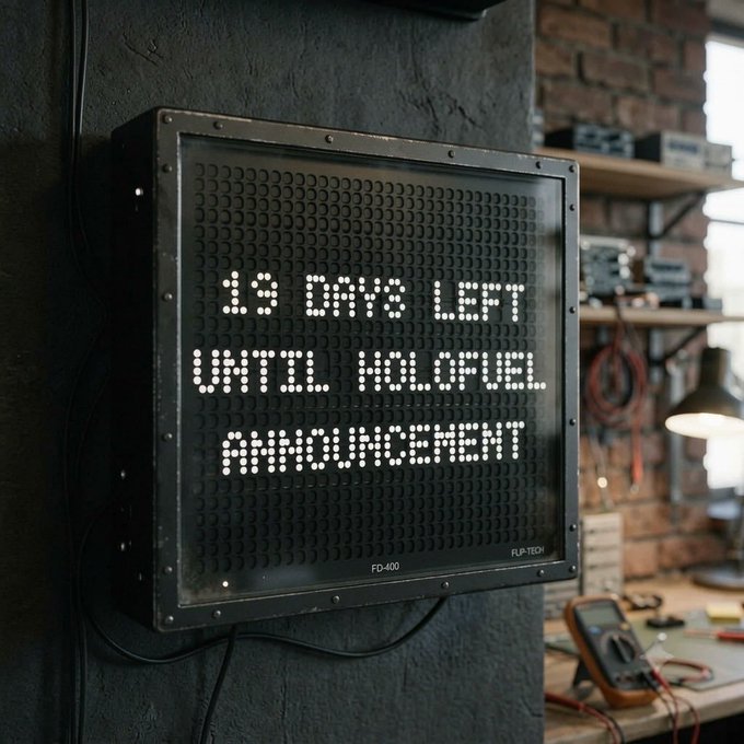 An industrial dot-matrix display in a workshop setting shows the text "19 DAYS LEFT UNTIL HOLO-FUEL PREPRODUCTION" with the label "FLIP-TECH FD-400" visible at the bottom.