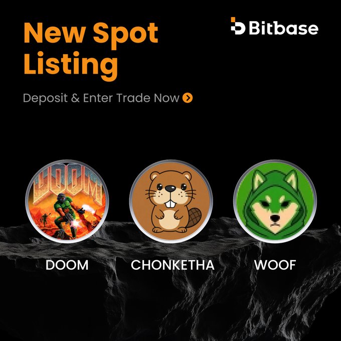 Bitbase announces new spot listings for DOOM, CHONKETHA, and WOOF, each represented by distinctive circular icons featuring a retro game character, a beaver, and a green dog respectively, with deposits and trading opening at 09:00 am UTC on August 5, 2026.