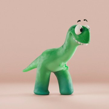 A small green plastic toy dinosaur figurine with large cartoonish googly eyes, posed in a standing position against a soft peach-colored background.