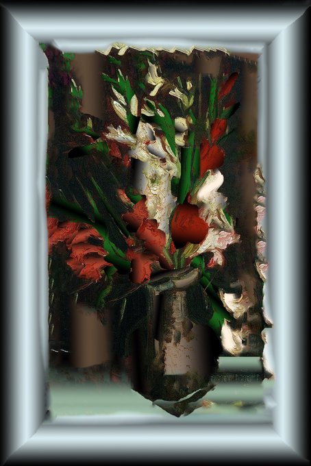 A framed, digitally distorted image shows a floral arrangement with red and white blooms and green leaves.