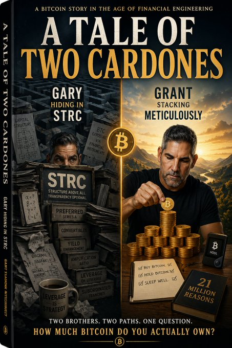 The image features a book cover with two men standing next to each other, surrounded by stacks of money. The title of the book is "A Tale Of Two Cardones" written in black text at the top of the cover. Below this, there are two questions posed about Bitcoin and financial engineering that seem relevant to the content of the book.