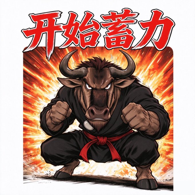An illustration of a fierce minotaur-like character in a martial arts stance with red Chinese characters reading '开始蓄力' (Starting to charge) at the top.