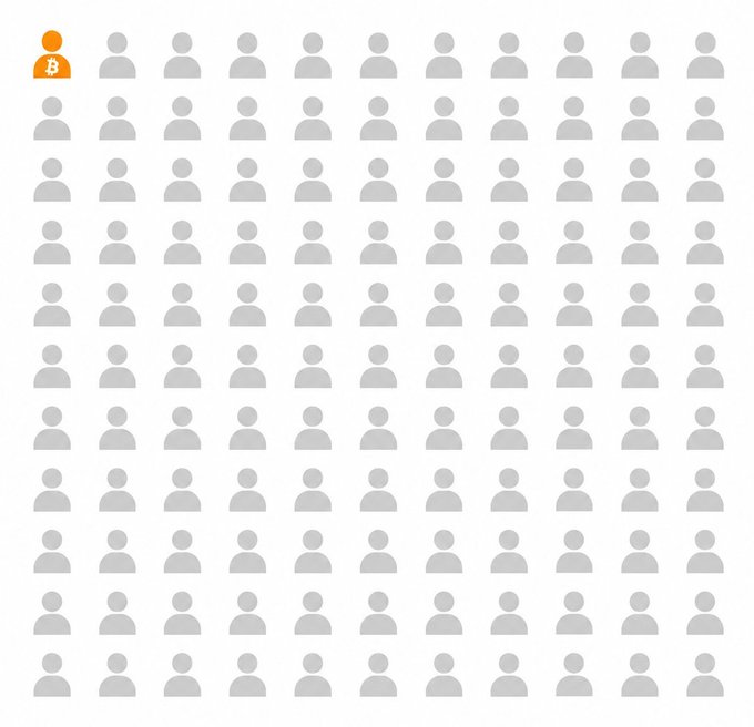 A grid of 100 person icons, with a single orange icon featuring a Bitcoin 'B' symbol highlighted in the top-left corner, representing one Bitcoin holder among many.