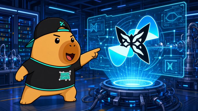 A cartoon illustration of a bear mascot wearing a cap and "minibot share" t-shirt pointing at a glowing blue butterfly/coin symbol on a futuristic holographic display.