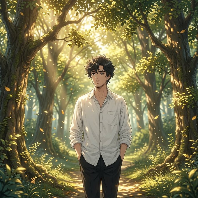 An anime-style illustration depicts a young man with tousled dark hair in a white shirt standing peacefully on a sunlit forest path framed by towering trees.