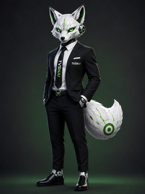 A 3D-rendered anthropomorphic white fox character in a black business suit with a 'TVSNAI' tie and belt buckle, featuring green tech-themed markings on its face and tail, and wearing headphones.