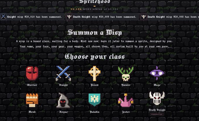 The image shows the "Spritehood" NFT mint page with the heading "Summon a Wisp," displaying 10 character class options (Warrior, Knight, Priest, Hunter, Mage, Monk, Rogue, Paladin, Jester, and Death Knight) where 30,166 out of 44,444 wisps have been minted. The post discusses this project, noting the Death Knight class is the most expensive at 116U and mentions links to spritehood.io and the OpenSea collection, fitting the image's display of class selection and mint progress.