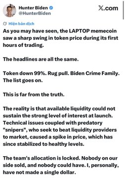 A screenshot of a tweet from Hunter Biden (@HunterBiden) posted on X.com responding to the LAPTOP memecoin launch, stating that the token price swing was due to liquidity issues and predatory snipers, not insider selling.