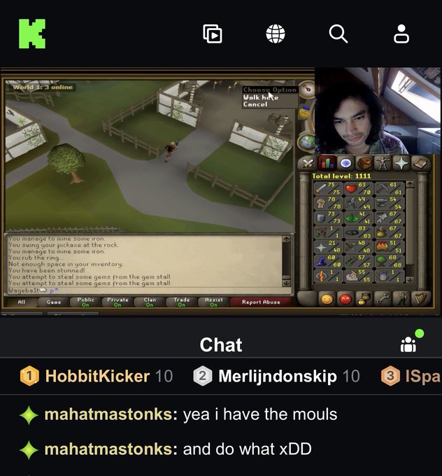 A mobile live stream shows a person playing the game Old School RuneScape, with a chat from users including 'HobbitKicker' and 'mahatmastonks'.