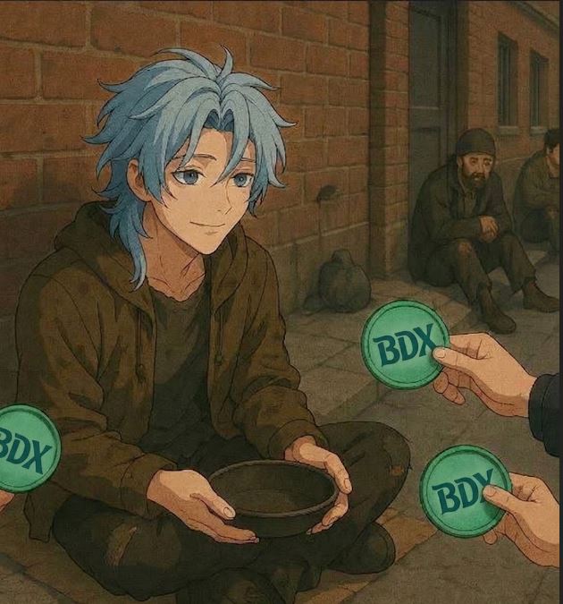 An anime-style illustration showing a young person with blue hair holding a bowl while hands offer green coins labeled 'BDX' as charity.