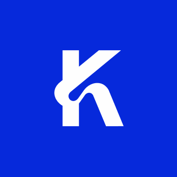 A simple logo consisting of a white stylized 'K' shape on a solid blue background.