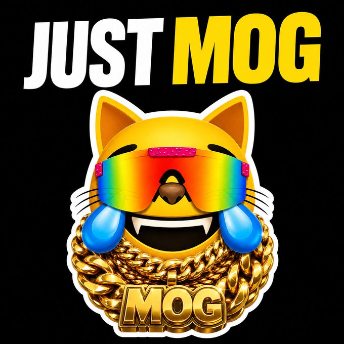 A cartoon-style sticker graphic featuring a grinning yellow cat character wearing rainbow-stacked sunglasses, blue tears, and gold chains with a 'MOG' pendant, below the bold text 'JUST MOG'.
