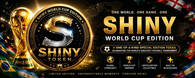 The image features a poster for a Shiny token, which is an advertisement for a World Cup edition. The poster includes a gold trophy with the word "Shiny" written on it, along with the text "One world one game one shiny token #SHINY token #WorldCupEdition #FootballToken #SoccerToken #Solana #Cryptocurrency". The poster also displays various soccer-related items such as a soccer ball and a trophy.