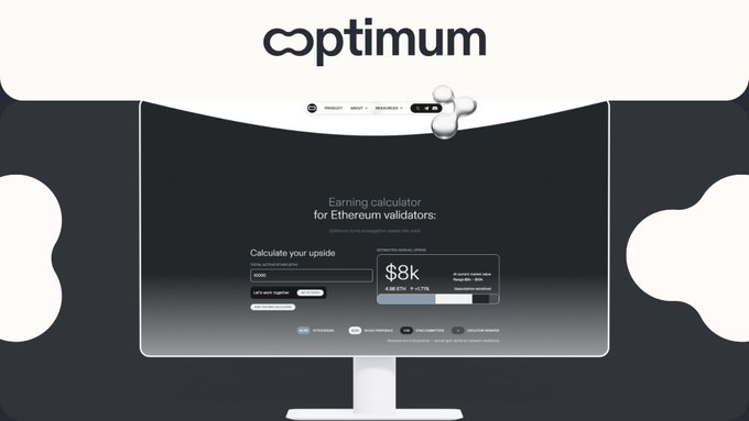 The image shows an advertisement for a cryptocurrency called "Optimium" that focuses on the importance of improving propagation with @get_optimum to enhance the efficiency of Ethereum validators. The text emphasizes the need to optimize the process, as it can lead to better validation results and potentially improve the overall economy of the cryptocurrency network.