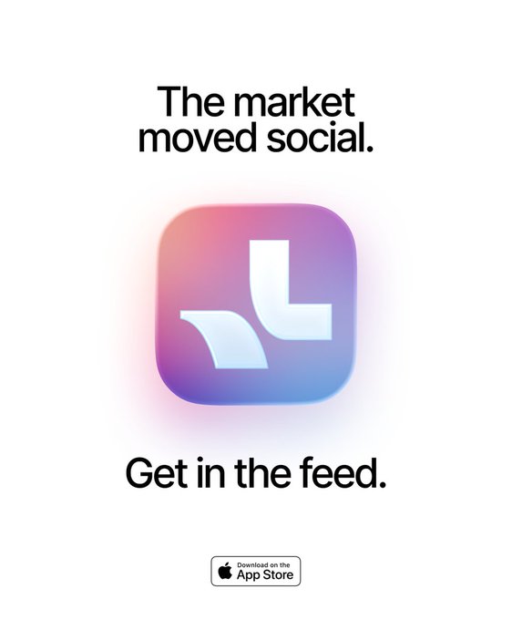 Advertisement featuring a colorful app icon with the text 'The market moved social. Get in the feed.' and a prompt to 'Download on the App Store'.