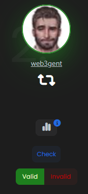 A profile screenshot for "web3gent" features a bearded man in the avatar with validation buttons below. The image relates to the post by showing the alleged giveaway winner who is being asked to provide proof of receiving the $350 BTC prize.