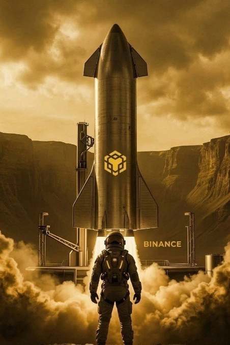 An astronaut stands before a towering rocket emblazoned with a BNB and the text "BINANCE," set against a golden, cloudy sky and rugged terrain. The image visually reinforces the post's message by depicting the rocket launch as a bold, visionary journey that only those with foresight—like BNB investors—can appreciate and benefit from.