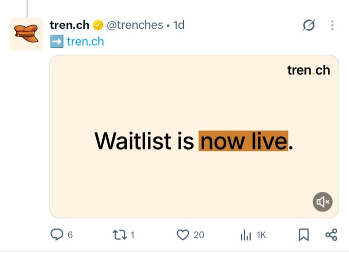 A tweet from verified account @trenches (tren.ch) announces "Waitlist is now live" on a beige graphic, aligning with the post's promotion of an early Solana opportunity where users can earn points by joining the newly opened waitlist.