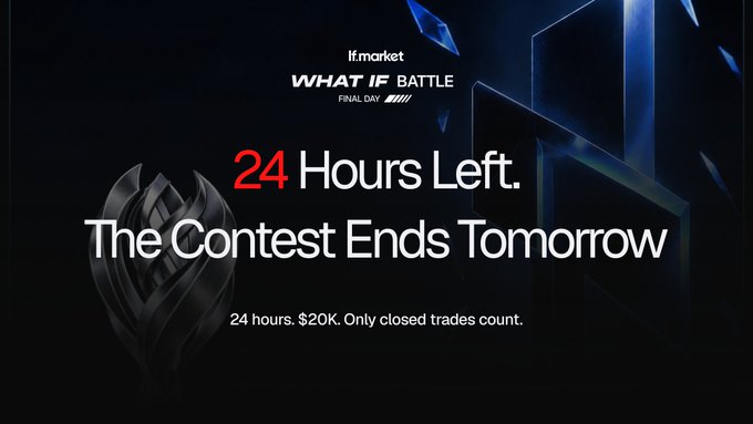 A dark promotional banner for "lf.market WHAT IF BATTLE FINAL DAY" announces "24 Hours Left. The Contest Ends Tomorrow," with smaller text specifying "24 hours. $20K. Only closed trades count."