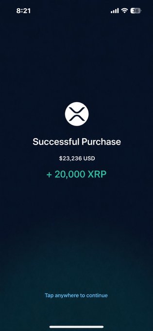 The image shows a phone screen displaying an app called "Successful Purchase". The app has a white circle with a black border that says "Successful" inside, indicating that the user has successfully completed their purchase. The app also displays the amount spent on XRP and the total amount of XP earned from the sale.