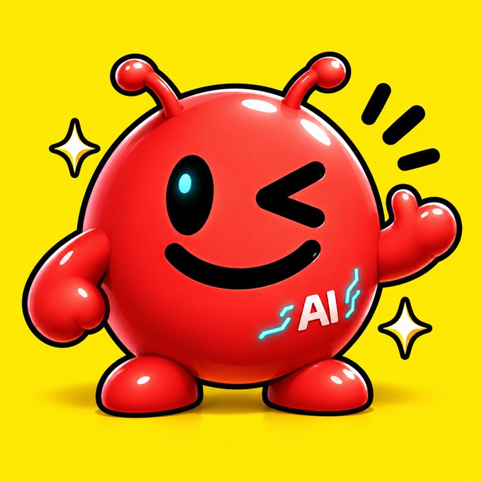 A cartoon-style red alien mascot with antennae, one winking eye, and a waving hand is displayed on a yellow background, featuring the text 'AI' with small lightning bolts on its chest.